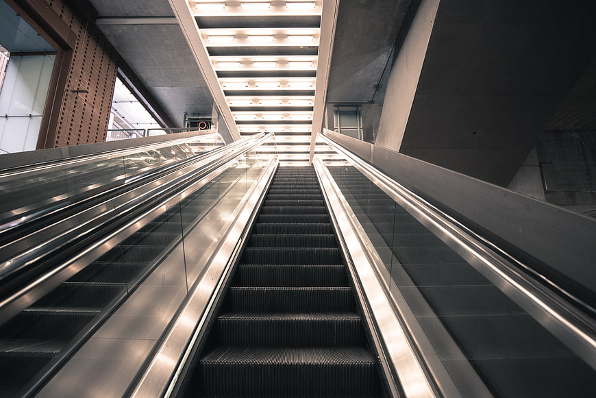 Low angle view of modern escalators in a subway station