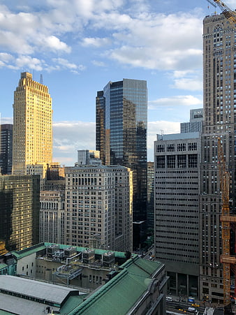 New York City Skyline with Skyscrapers and Blue Sky