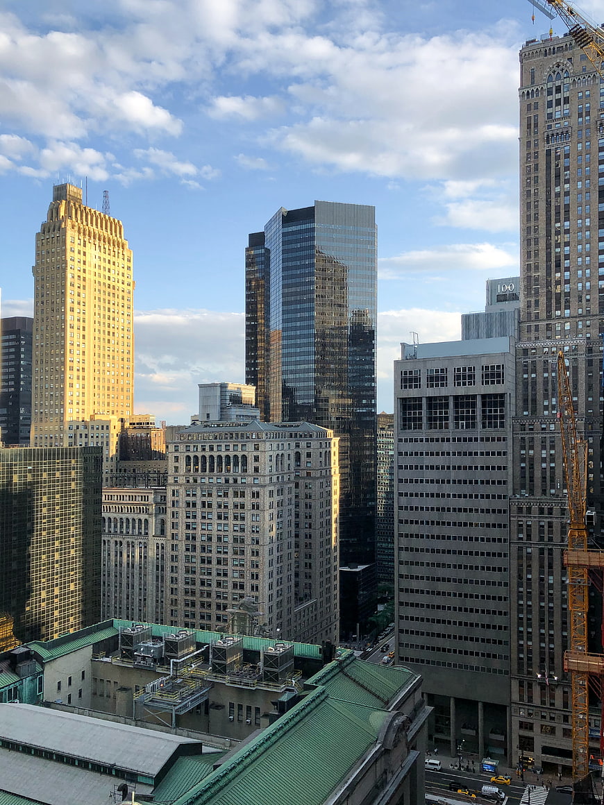 New York City Skyline with Skyscrapers and Blue Sky
