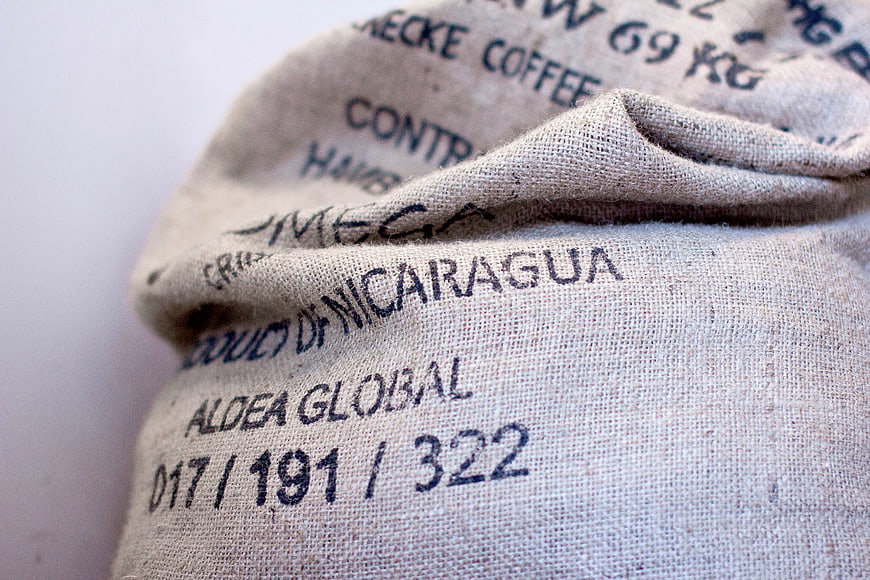 Close-up of Nicaraguan Coffee Burlap Sack