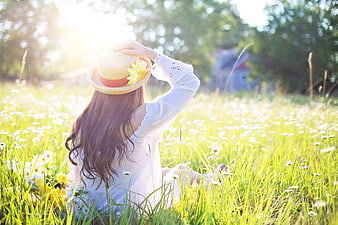 Woman in Straw Hat Sitting in Sunny Daisy Field