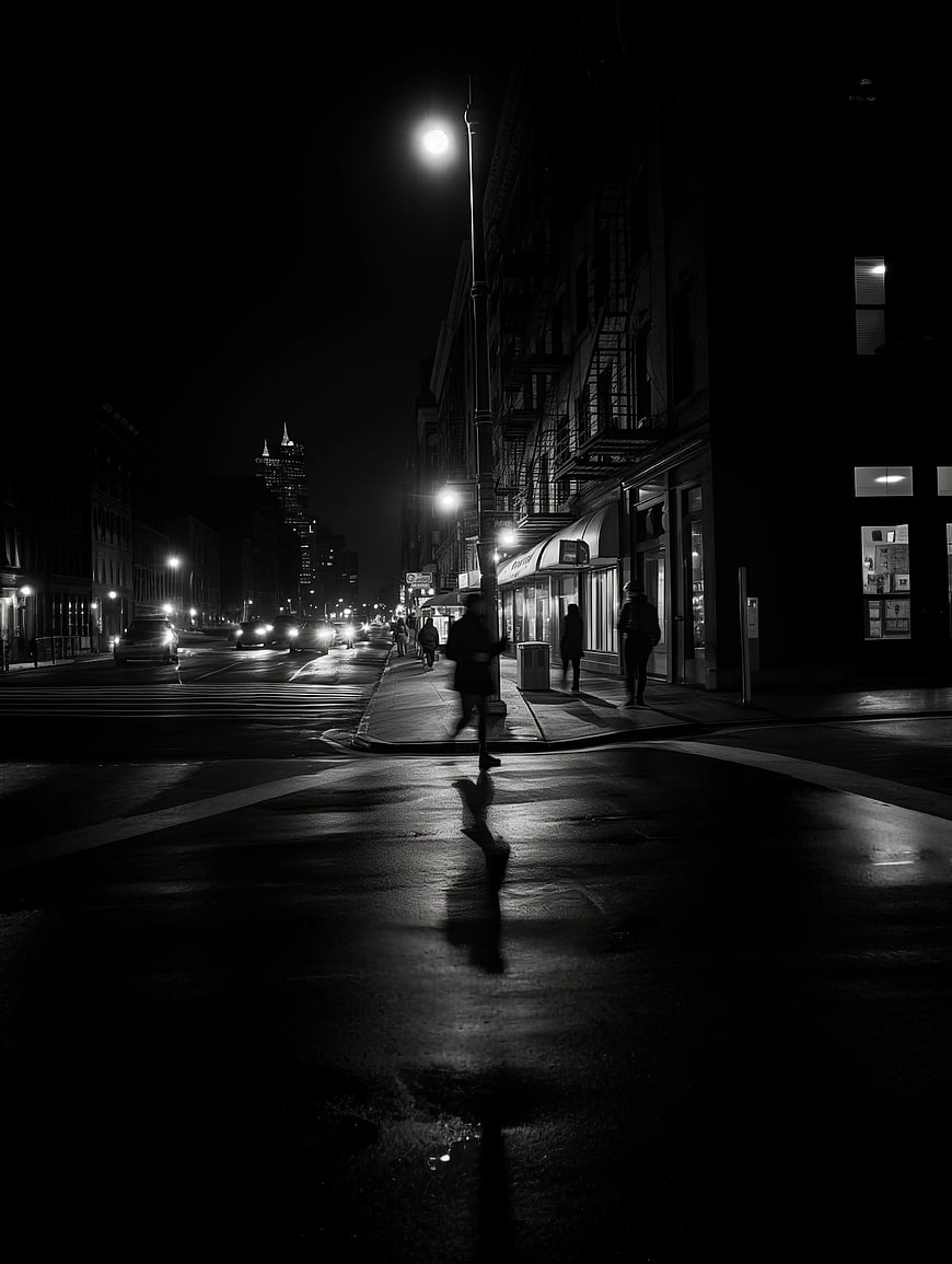 Moody Black and White Night Cityscape with Wet Street Reflections