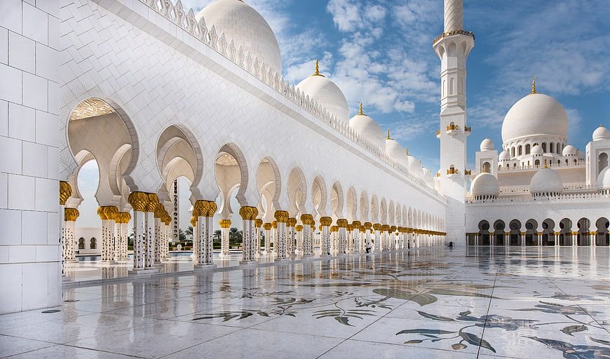 Sheikh Zayed Grand Mosque Courtyard with White Marble and Gold Accents