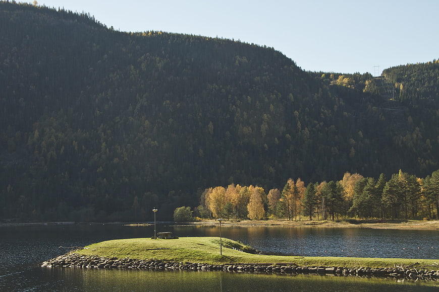 Serene Lake Landscape with Forested Mountain and Autumn Trees