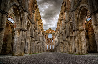 Interior of San Galgano Abbey Ruins in Tuscany, Italy