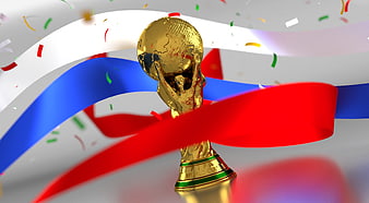 Golden FIFA World Cup Trophy with Russian Flag and Confetti