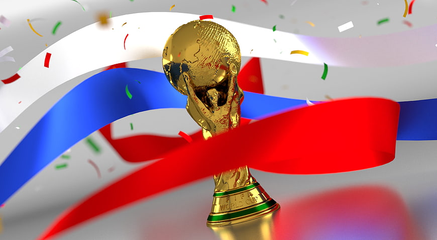Golden FIFA World Cup Trophy with Russian Flag and Confetti