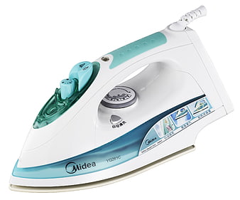 White and teal Midea steam iron on white background