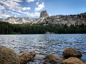 Scenic Mountain Lake with Rocky Shore and Pine Forest