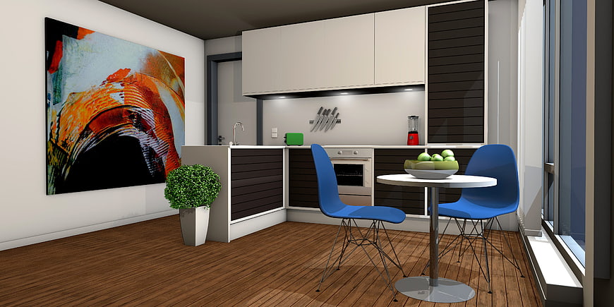 Modern Kitchen Interior with Blue Chairs and Abstract Art
