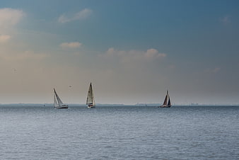 Sailboats on calm sea with distant wind turbines