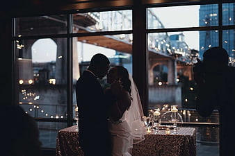 Romantic Wedding Couple Silhouette Dancing Indoors
