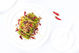 Top View of Dry Sauteed String Beans with Minced Meat and Chili