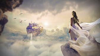 Fantasy woman in white dress looking at floating castle in clouds