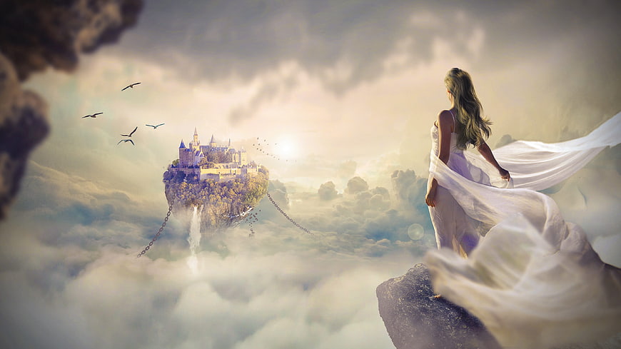 Fantasy woman in white dress looking at floating castle in clouds