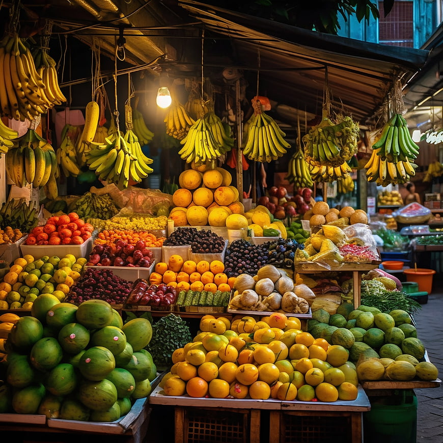 Vibrant tropical fruit market stall with hanging bananas