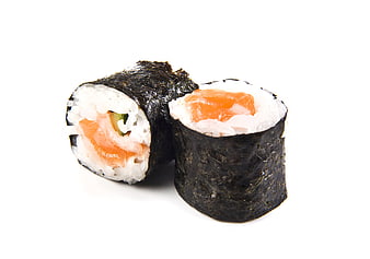 Two pieces of salmon maki sushi on a white background