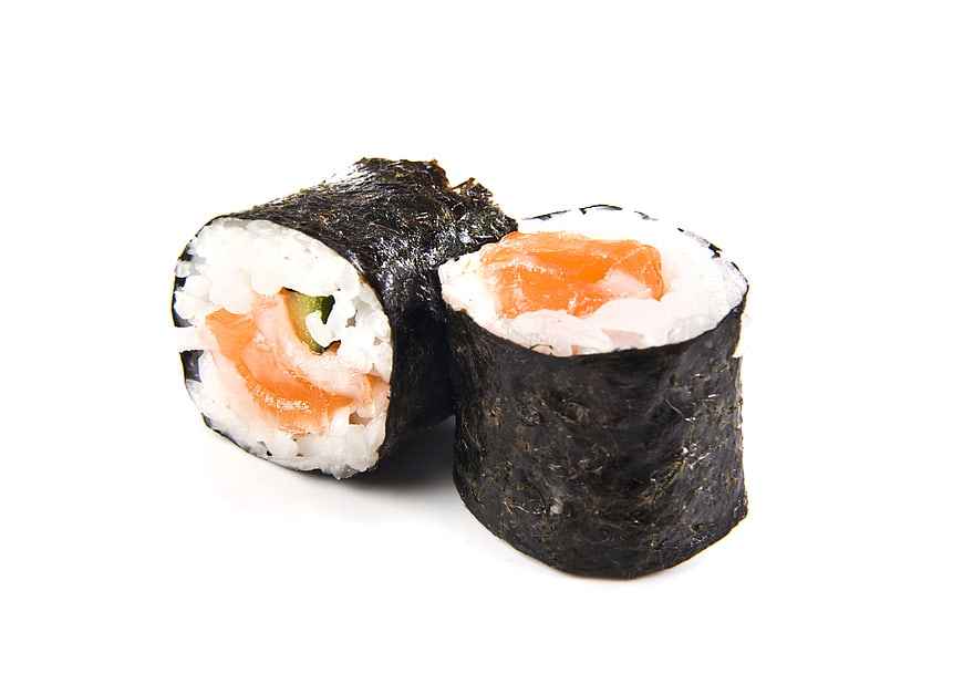 Two pieces of salmon maki sushi on a white background