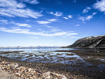 Scenic Arctic Fjord Landscape with Rocky Shore and Blue Sky