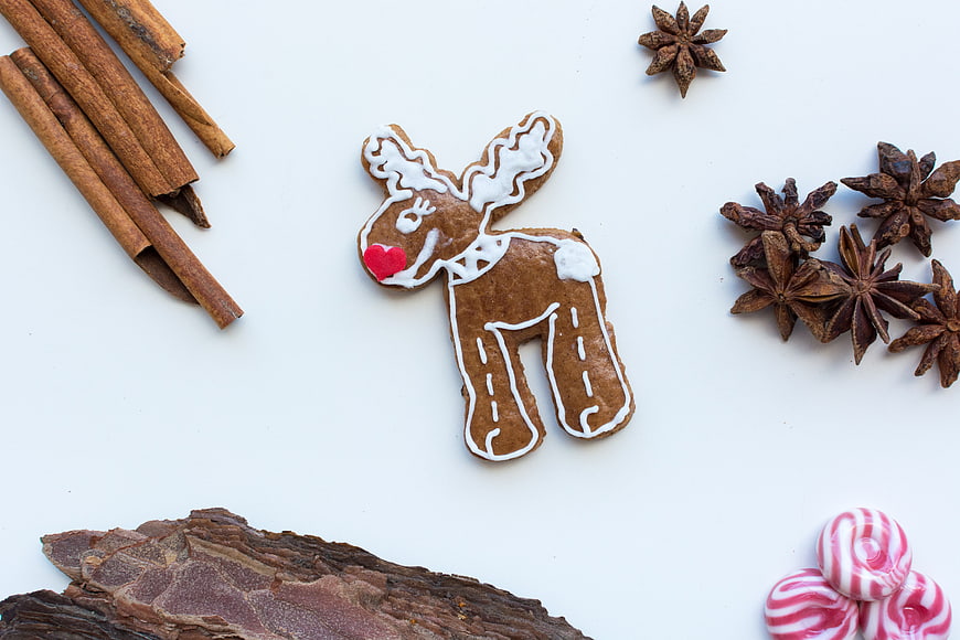 Gingerbread reindeer cookie with cinnamon and star anise