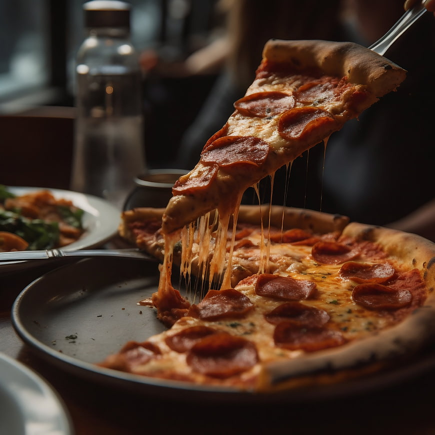 Close-up of pepperoni pizza slice with cheese pull