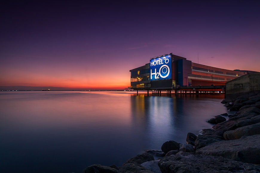 Hotel H2O at Dusk with Long Exposure Water Reflection