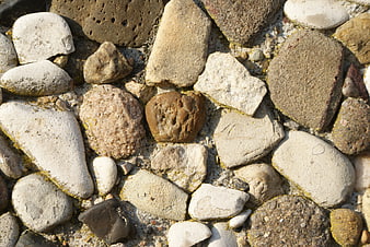 Close-up of textured stones and pebbles with lichen