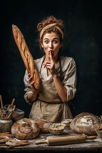 Playful Baker Holding Baguette with Shhh Gesture