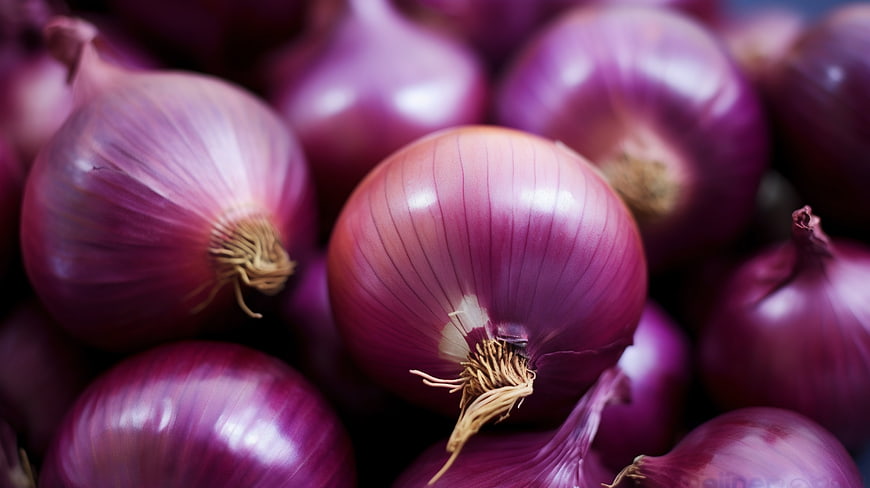 Close-up of fresh red onions with vibrant purple skin