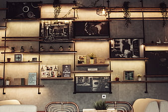 Industrial Chic Coffee Shop Interior with Decorative Shelves