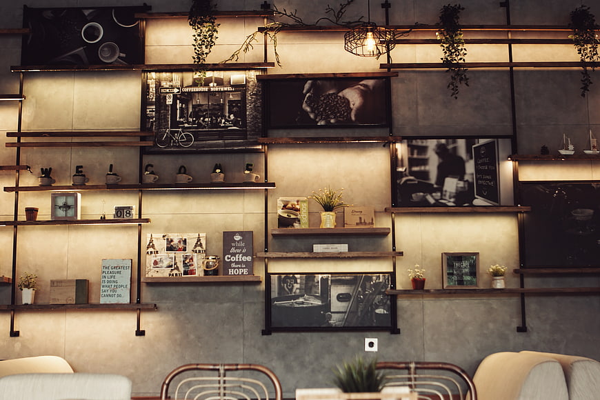 Industrial Chic Coffee Shop Interior with Decorative Shelves
