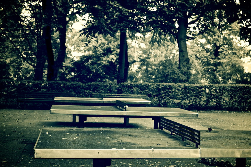 Empty Outdoor Ping Pong Tables in Park