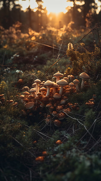 Golden Hour Mushrooms in a Forest