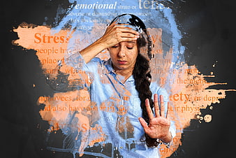 Stressed woman holding head with text overlay concept
