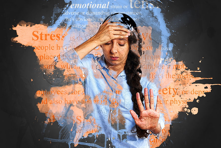 Stressed woman holding head with text overlay concept