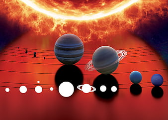 Solar System Planets and Sun Illustration with Reflections