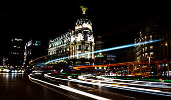 Long exposure night traffic light trails at Gran Vía Madrid