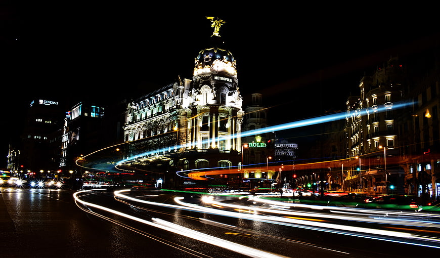 Long exposure night traffic light trails at Gran Vía Madrid
