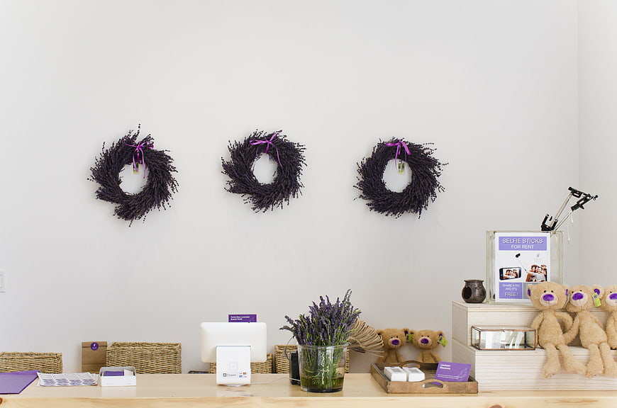 Lavender Wreaths and Teddy Bears on Retail Counter