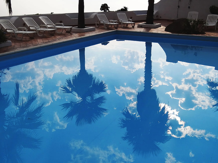 Palm Tree Reflections in Blue Swimming Pool Water