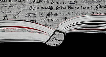 Close-up of open book pages with handwritten names background