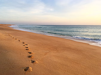 Footprints on Sandy Beach Leading to Ocean Horizon