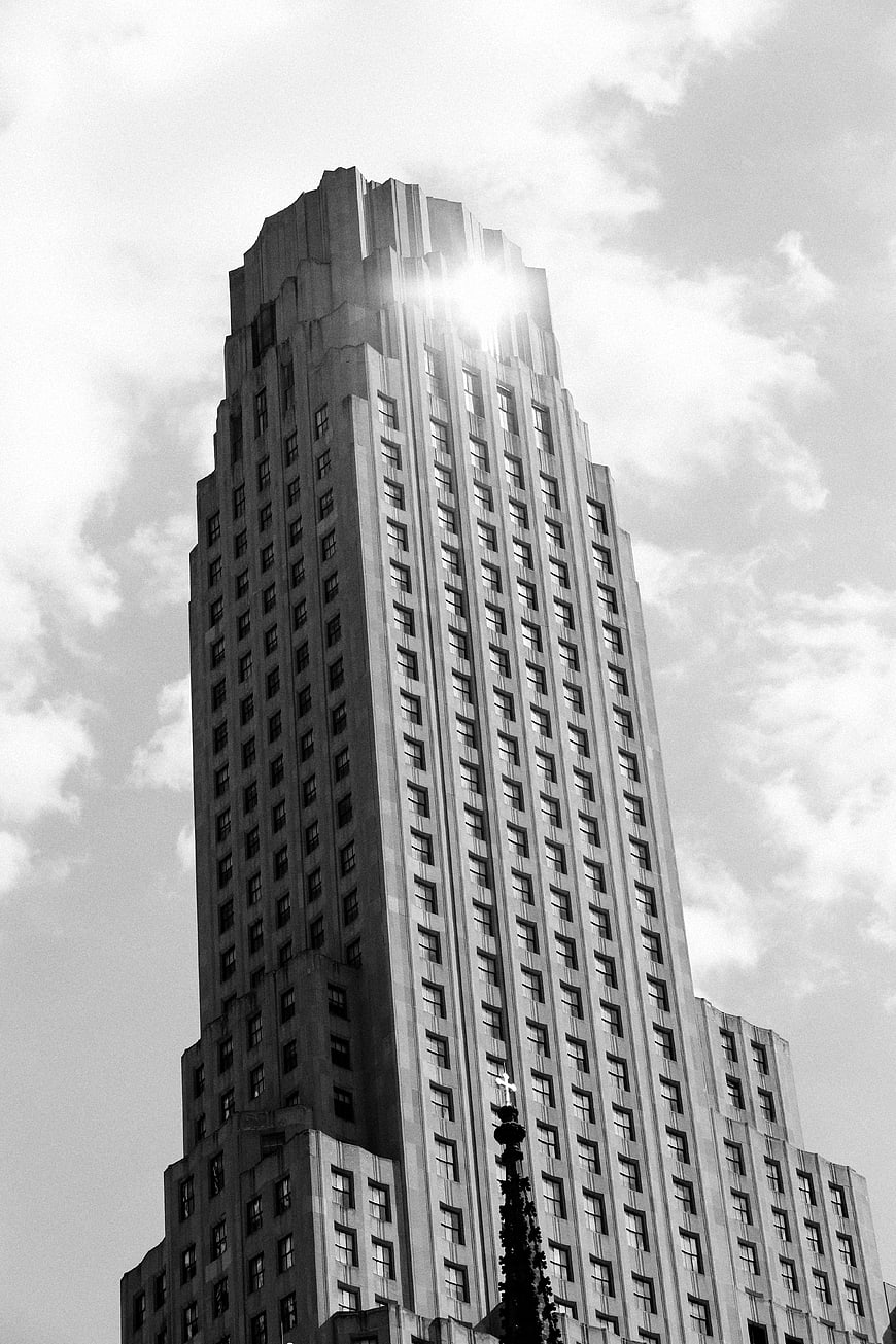 Black and white low angle view of art deco skyscraper