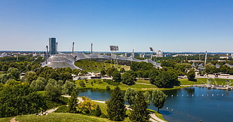 Aerial View of Munich Olympic Park and Lake in Summer