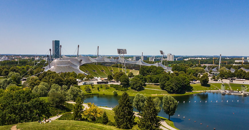 Aerial View of Munich Olympic Park and Lake in Summer