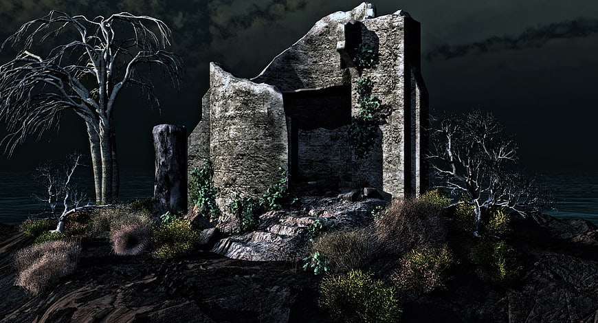 Dark Fantasy Ruins on Rocky Shore at Night