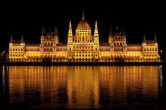 Hungarian Parliament Building illuminated at night with river reflection