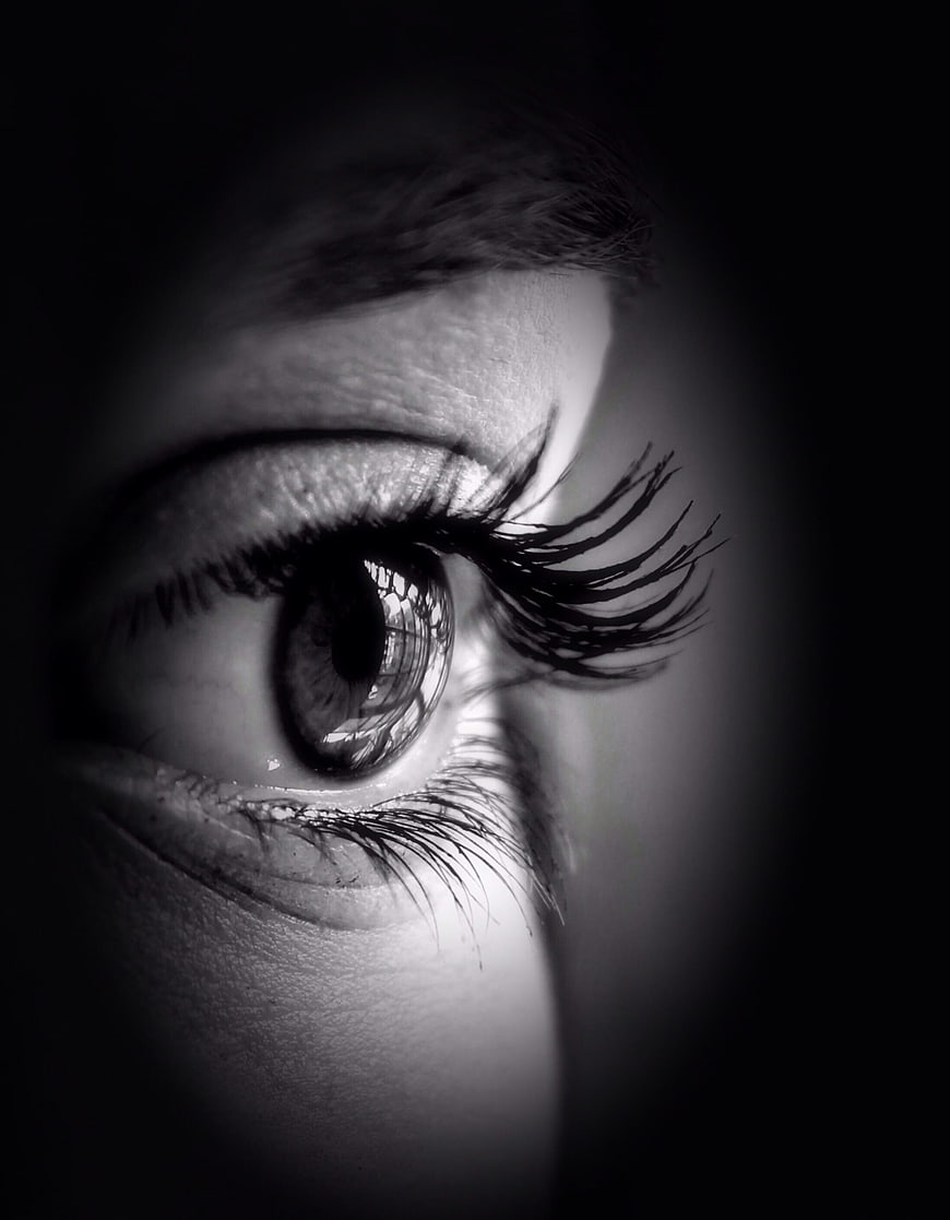 Dramatic Black and White Close-Up of Female Eye with Long Eyelashes