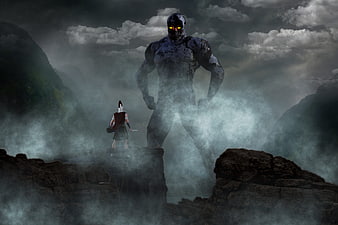 Fantasy warrior facing giant stone monster in misty mountains