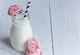 Pink Chocolate Cookies with Sprinkles and Milk Bottle